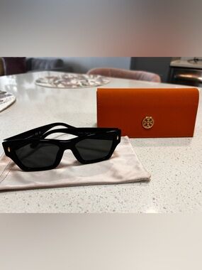 Tory Burch Black Square Sunglasses with Orange Logo Case